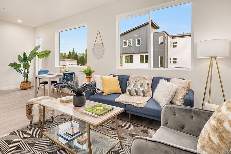 Furnished living room with sofa, plants and large windows